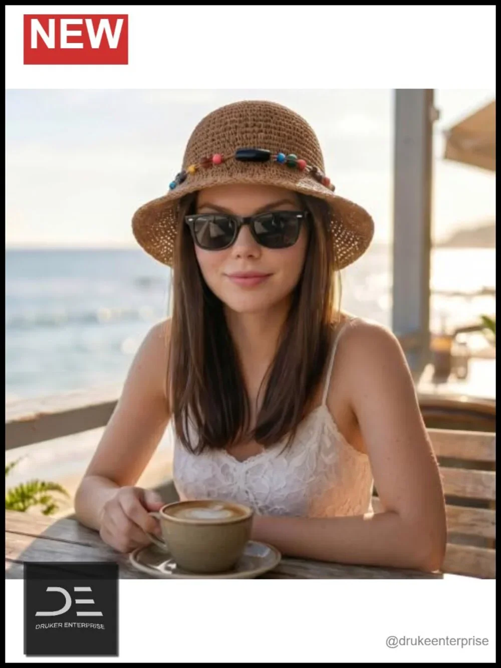 Handmade Straw Wide Brim Sun Hat with Decorative Chain, Packable